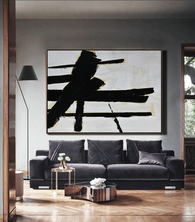 Large Wall Art Canvas,Horizontal Palette Knife Minimal Canvas Art Painting Black White Beige - Original Art Acrylic Painting